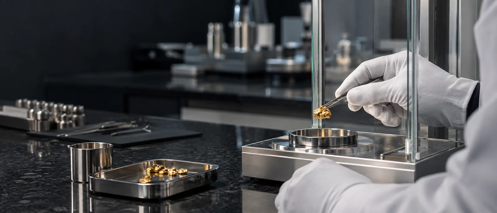 Raw gold nuggets on a steel tray in an assay laboratory