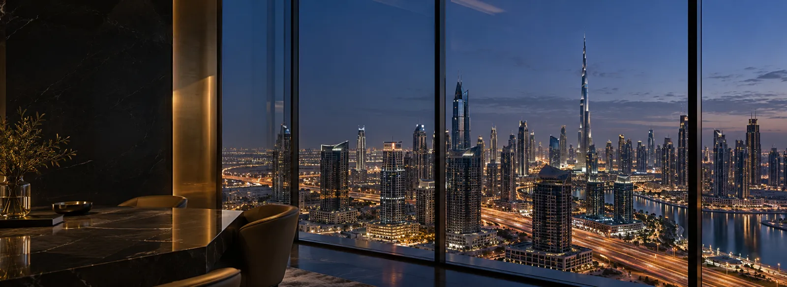 Trading office overlooking the Dubai skyline at dusk