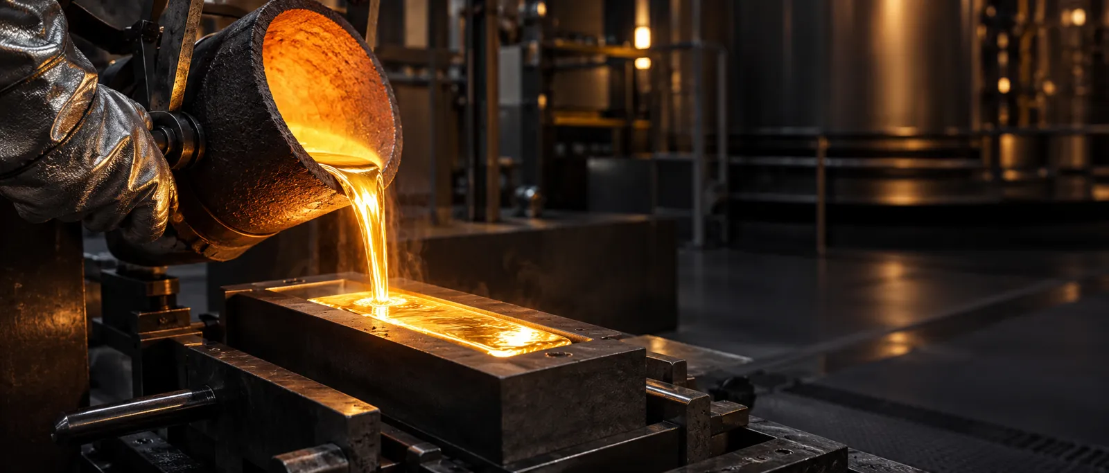 Molten gold poured into a bar mould at a refinery