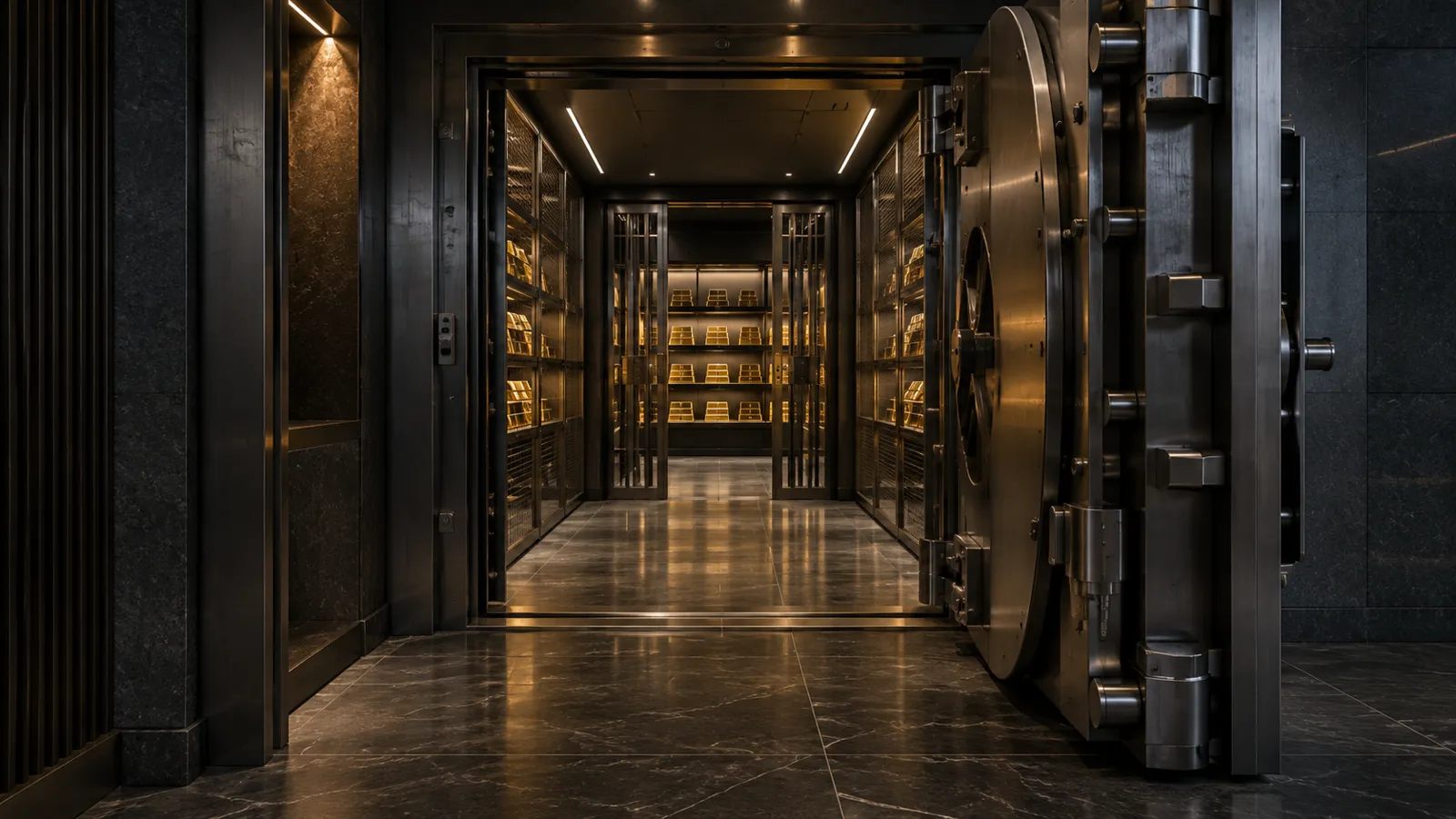 Open bullion vault with gold bars on secure shelving