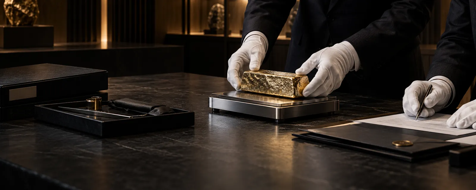 A gold bar being weighed and recorded at intake